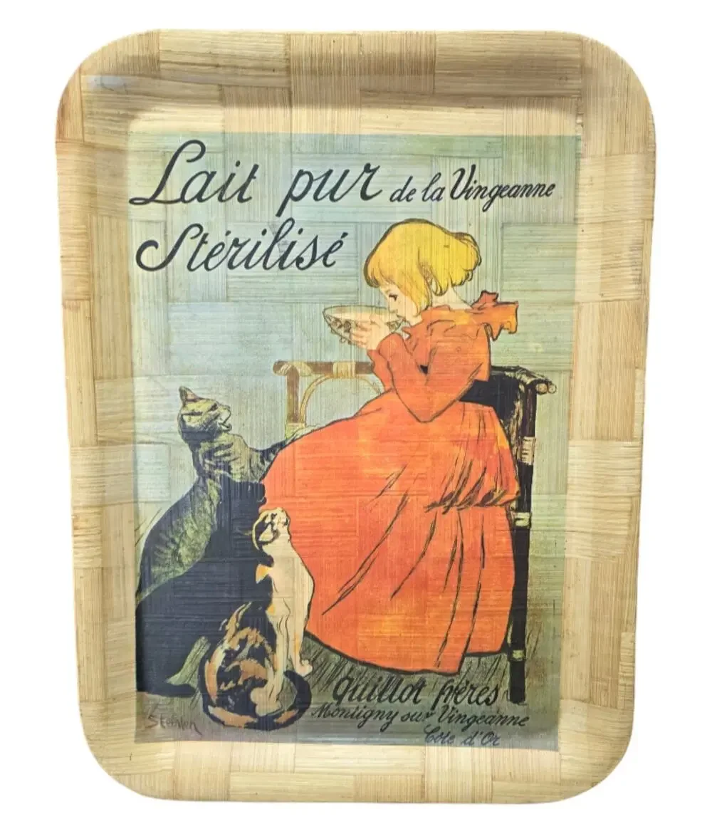 Lait Pur Sterilise De La Binganne Girl Drinking Milk & Cats Bamboo Wood Tray